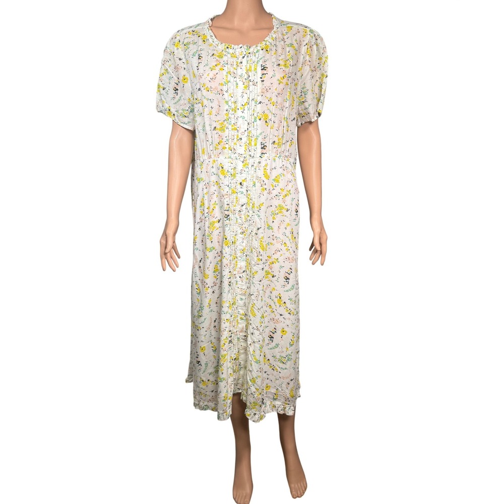 Lucky Brand Floral Midi Dress Cotton Blend Pintuck Ruffle Short Sleeve XL